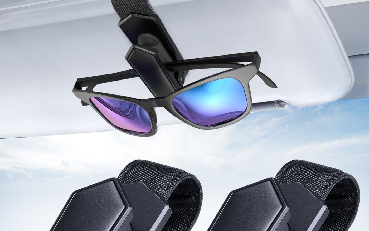 Veharvim One-Handed-Operation Sunglasses Holder for Car, Visor Sunglass Holder Clip, Car Accessories Interior, Universal Fit Silicone Padded Visor Sunglass Holder Car (Black, 2 Pack)