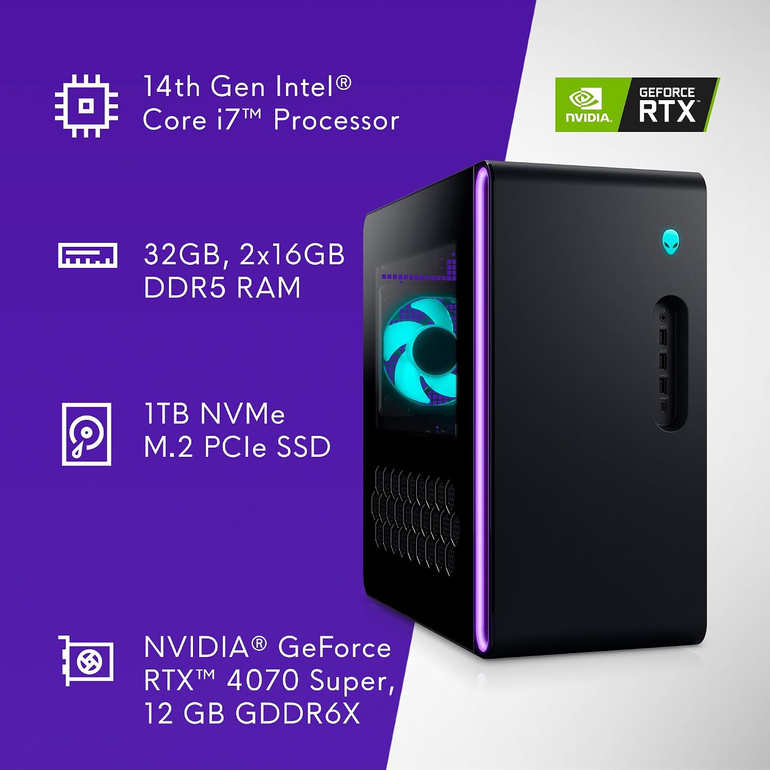 Alienware Aurora R16 Gaming Desktop - Intel Core i7 14700F, 32GB DDR5 RAM, 1TB SSD, NVIDIA GeForce RTX 4070 Super 12GB GDDR6X Graphics, Windows 11 Home, 1 Year Onsite/in-Home Service - Basalt Black - Image 10