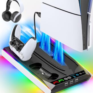 PS5/Slim/Pro Stand for Disc & Digital Console, PS5 Cooling & Charging Station with RGB Lights, PS5 Controller Charger Built-in 3 Level & AUTO Adjustable Fan, Accessories for PlayStation 4 Chargers