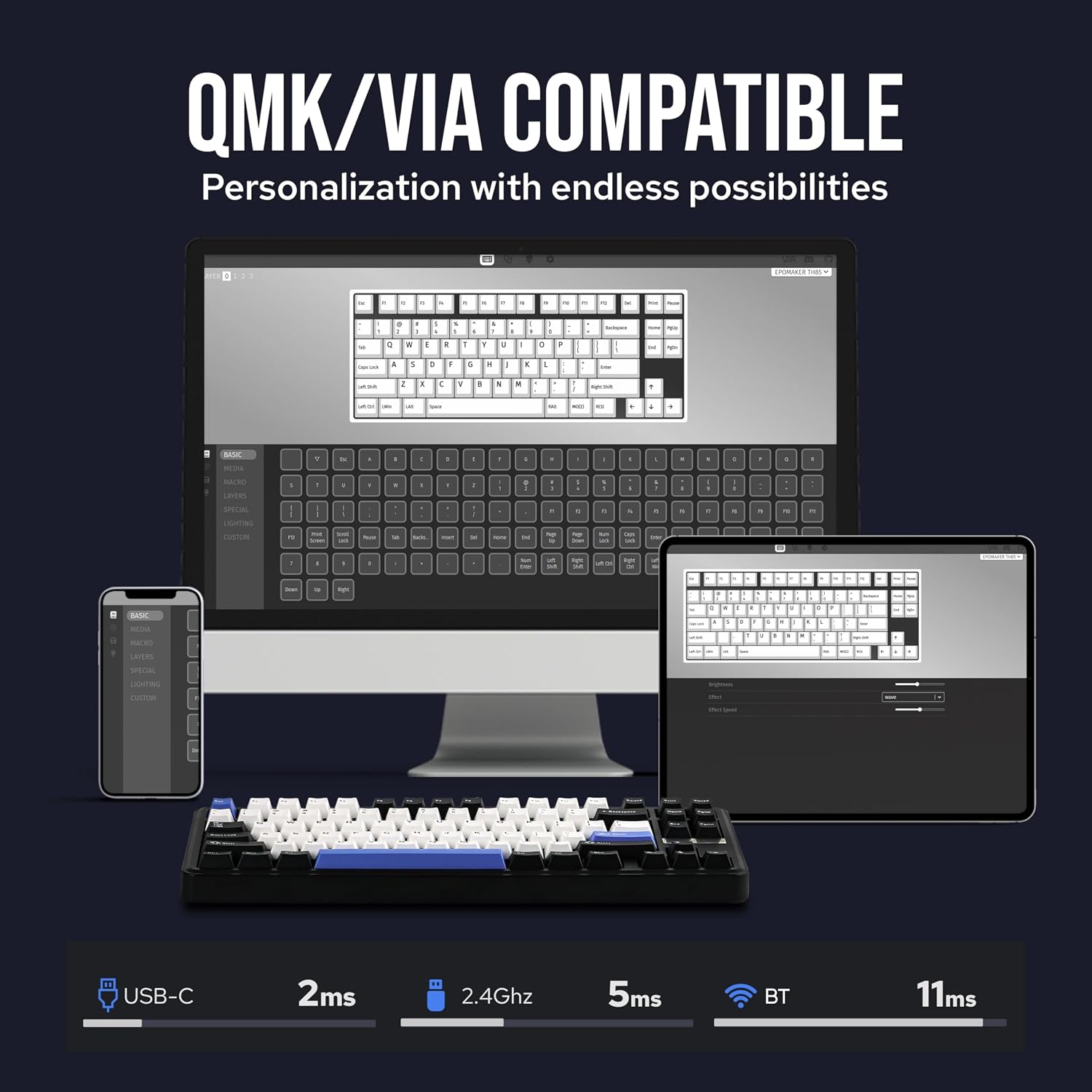 EPOMAKER TH85 QMK/VIA Wireless Gaming Keyboard, BT5.0/2.4GHz/USB-C - Image 6